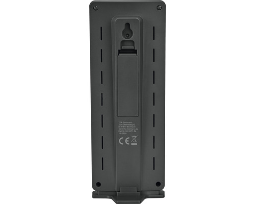 Rückseite einer Wetterstation mit Aufhängevorrichtung und Standfuß