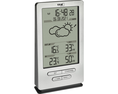 TFA Wetterstation mit Anzeige von Uhrzeit, Datum, Temperatur und Luftfeuchtigkeit