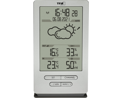 TFA Wetterstation mit Anzeige von Uhrzeit, Datum, Temperatur und Luftfeuchtigkeit