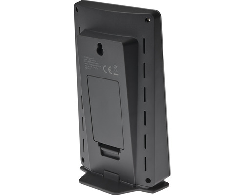 Rückansicht einer Wetterstation mit Standfuß und CE-Kennzeichnung