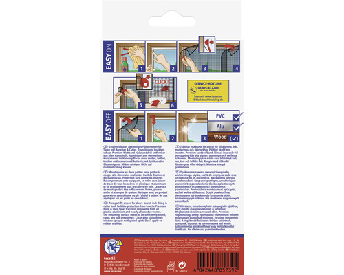 Anweisungen zur Installation eines zweiteiligen Fliegengitters für Türen.