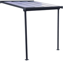 Freistehendes Vordach mit Polycarbonatplatten und zwei Pfosten.