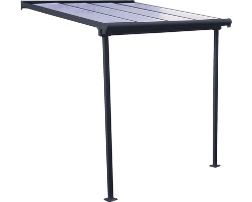 Freistehendes Vordach mit Polycarbonatplatten und zwei Pfosten.