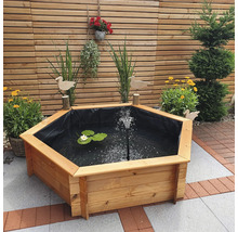 Hexagonaler Teich mit Holzrahmen, Teichfolie, Seerose und Springbrunnen im Garten.