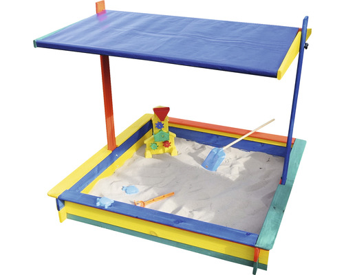 Sandkasten mit Sonnenschutzdach und Spielzeug