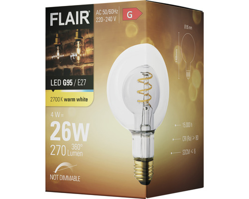 Verpackung einer nicht dimmbaren Flair LED Lampe G95 E27 mit 2700 Kelvin warmweiß