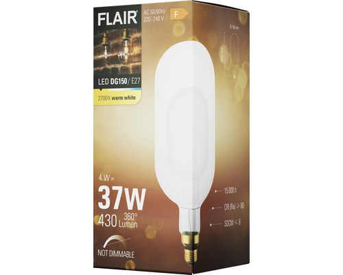 Verpackung einer nicht dimmbaren Flair LED Lampe DG150/E27 mit 4 Watt, 37 Watt Entsprechung und 430 Lumen