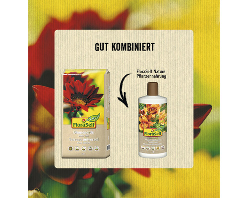 FloraSelf Blumenerde und FloraSelf Nature Pflanzennahrung als empfohlene Kombination