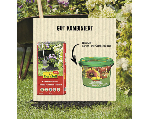 FloraSelf Gärtner Pflanzerde und FloraSelf Garten- und Gemüsedünger, gut kombiniert für den Garten