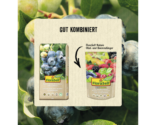 Produktkombination von FloraSelf: Saure Erde für Heidelbeere und Cranberry mit Obst- und Beerendünger