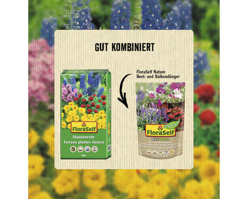 Abbildung von FloraSelf Staudenerde und FloraSelf Nature Beet- und Balkondünger als ideale Kombination