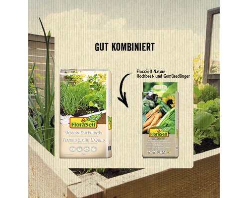 Empfohlene Kombination von FloraSelf Urbano Gartenerde und FloraSelf Nature Hochbeet- und Gemüsedünger.