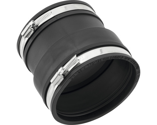 Schwarzer Gummiverbinder mit zwei Schlauchschellen zur Verbindung von Rohren