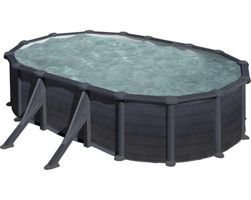 Aufstellpool Stahlwandpool-Set Gre oval 527x500x132 cm inkl. Sandfilteranlage, Skimmer, Leiter, Filtersand & Bodenschutzvlies grau