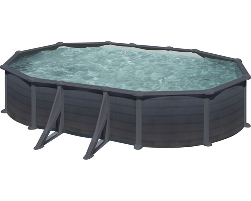 Aufstellpool Stahlwandpool-Set Gre oval 634x575x132 cm inkl. Sandfilteranlage, Skimmer, Leiter, Filtersand & Bodenschutzvlies grau