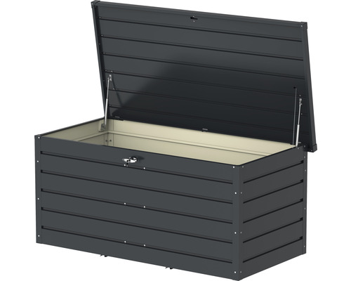 Gerätebox DURAMAX Palladium inkl. Gasdruckfedern 160,2 x 80,2 x 75,9 cm anthrazit Geöffnete Gartenbox zur Aufbewahrung im Aussenbereich