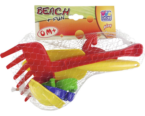 Strandspielzeug Set mit Schaufel, Rechen und Förmchen im Netz