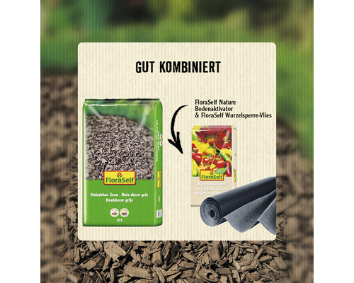 FloraSelf Holzdekor Grau, FloraSelf Nature Bodenaktivator und FloraSelf Wurzelsperre-Vlies bilden eine gute Kombination.