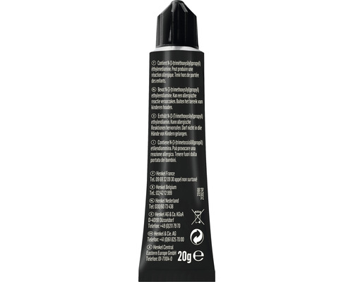 Rückseite einer Tube Klebstoff mit Warnhinweisen und Herstellerinformationen