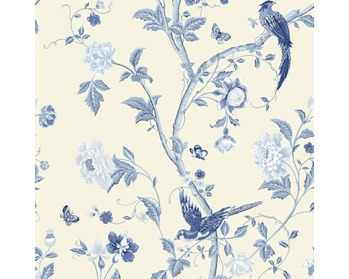 Vliestapete 113390 Laura Ashley Summer Palace Blau Tapete mit Blumen-, Vogel- und Schmetterlingsmuster