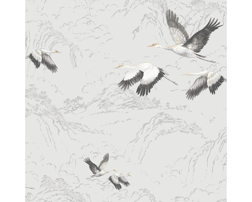 Vliestapete 113394 Laura Ashley Animalia Silber Tapete mit Kranichmuster und Berglandschaft