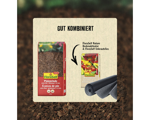 FloraSelf Pinienrinde, FloraSelf Nature Bodenaktivator und FloraSelf Unkrautvlies als ideale Kombination