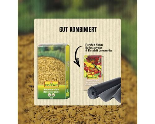 FloraSelf Holzdekor Gelb, FloraSelf Nature Bodenaktivator und FloraSelf Unkrautvlies Produktkombination