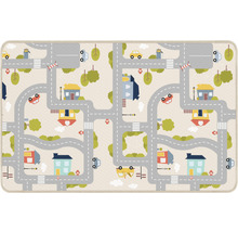 Spielteppich mit Stadtmotiv, inklusive Straßen, Häusern und Autos.