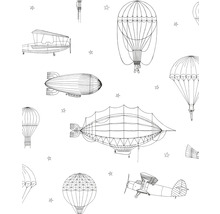 Illustration von Flugzeugen, Luftschiffen und Ballons auf einem Stoffmuster.