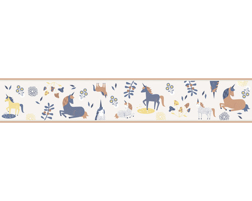 Bordüre 45822 Kids Walls Einhörner beige orange 5 m x 17,5 cm Bordüre mit Einhorn- und Blumenmuster