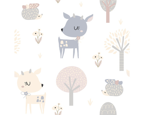 Vliestapete 45834 Kids Walls Rehe Igel weiß beige grau Muster mit Rehen, Igeln und Bäumen