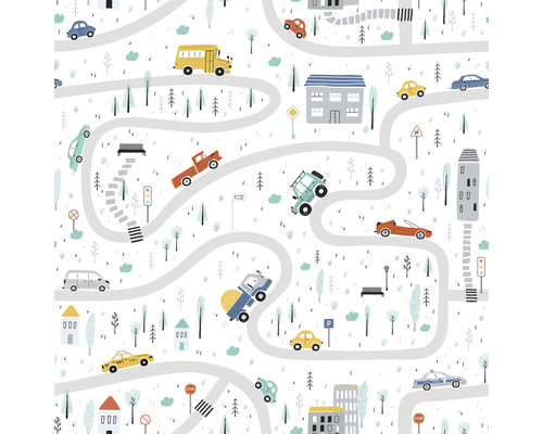 Vliestapete 45844 Kids Walls Autos Straße rot gelb blau grau Muster mit Illustrationen von Straßen, Fahrzeugen, Bäumen und Gebäuden