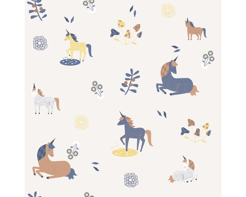 Vliestapete 45821 Kids Walls Einhörner beige orange Muster mit Einhörnern, Blumen und Pilzen