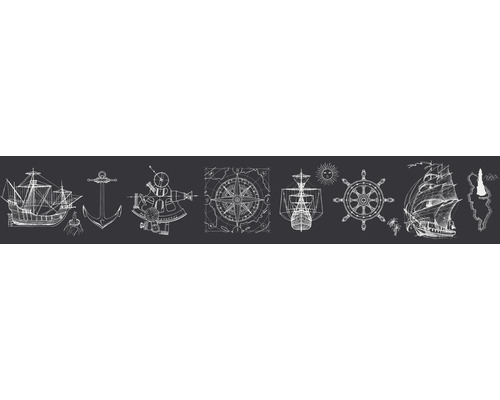 Bordüre 45843 Kids Walls Pirat schwarz 5 m x 17,5 cm Illustration mit Schiffen, Anker, Sextant, Kompassrose, Steuerrad und Insel
