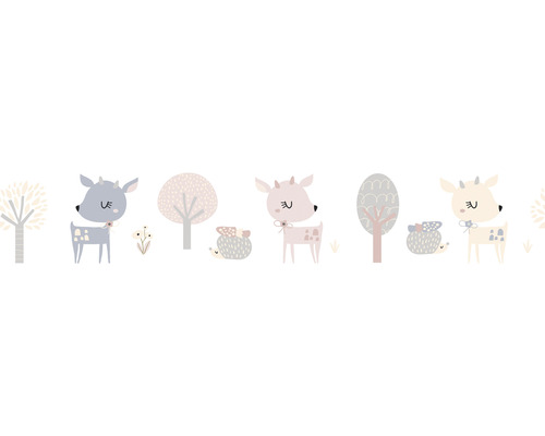 Bordüre 45835 Kids Walls Rehe Igel weiß beige grau 5 m x 17,5 cm Illustration mit stilisierten Hirschen, Igeln und Bäumen