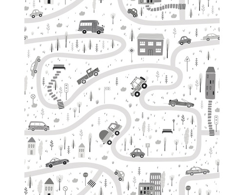 Vliestapete 45846 Kids Walls Autos Straße grau weiß Illustriertes Muster mit Straßen, Fahrzeugen und Gebäuden