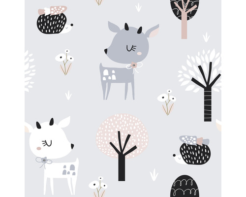Vliestapete 45831 Kids Walls Rehe Igel grau rosa Muster mit Waldtieren und Bäumen