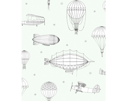 Vliestapete 45825 Kids Walls Zeppelin Heißluftballon mintgrün Tapete mit Flugzeug-, Luftschiff- und Heißluftballonmuster