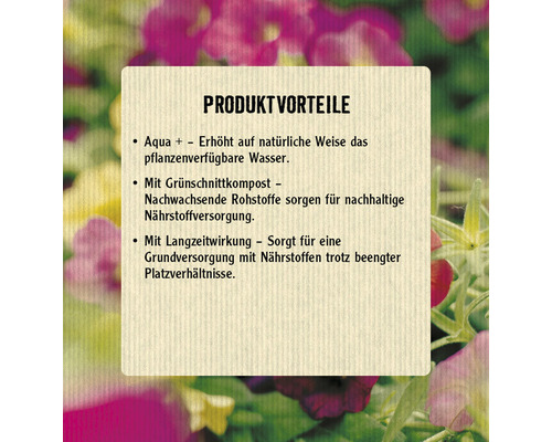 Produktvorteile: Aqua plus erhöht auf natürliche Weise das pflanzenverfügbare Wasser, Grünschnittkompost sorgt für nachhaltige Nährstoffversorgung und Langzeitwirkung sorgt für eine Grundversorgung mit Nährstoffen.