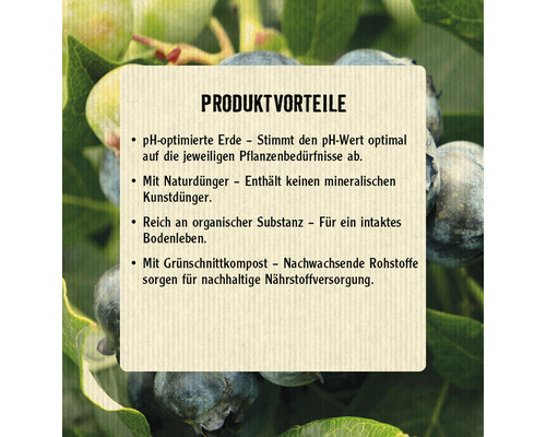 Produktvorteile: pH-optimierte Erde, Naturdünger, reich an organischer Substanz, Grünschnittkompost.