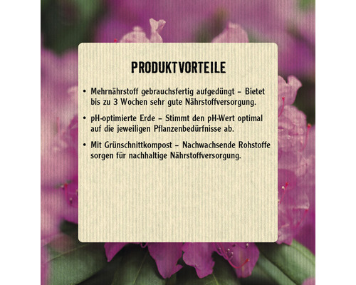 Produktvorteile: Mehrnährstoff gebrauchsfertig aufgedüngt, pH-optimierte Erde, mit Grünschnittkompost für nachhaltige Nährstoffversorgung.