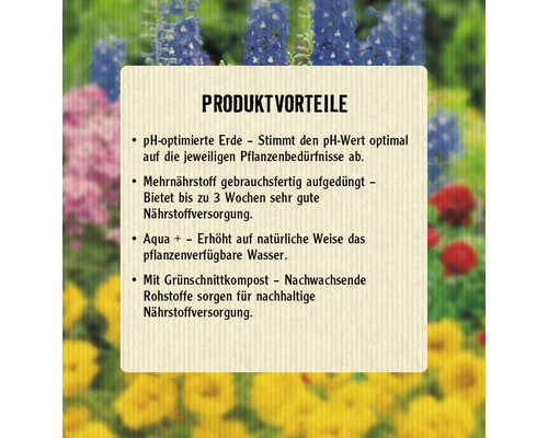 Produktvorteile: pH-optimierte Erde, Mehrnährstoff gebrauchsfertig aufgedüngt, Aqua plus erhöht auf natürliche Weise das pflanzenverfügbare Wasser, mit Grünschnittkompost.