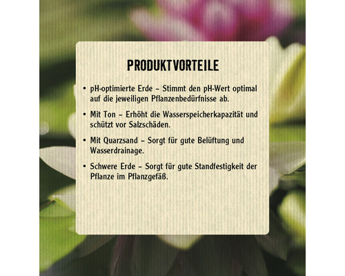 Produktvorteile: pH-optimierte Erde, Ton zur Erhöhung der Wasserspeicherkapazität, Quarzsand für Belüftung und Wasserdrainage, schwere Erde für Standfestigkeit