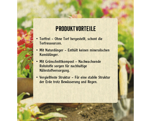 Produktvorteile: torffrei, mit Naturdünger, mit Grünschnittkompost, vergießfeste Struktur