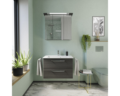 Badezimmer mit Waschtischunterschrank, Spiegelschrank, Toilette und Dekoration