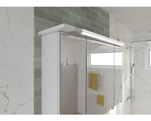 Badezimmer Szene mit Spiegelschrank, Dusche und Heizkörper