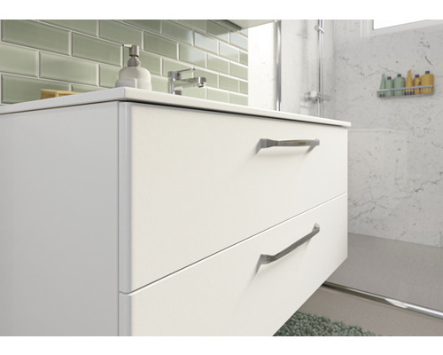 Weißer Waschtischunterschrank mit zwei Schubladen im Badezimmer