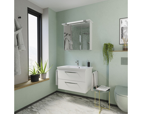 Helles Badezimmer mit Waschbeckenunterschrank, Spiegelschrank und passender Toilette.