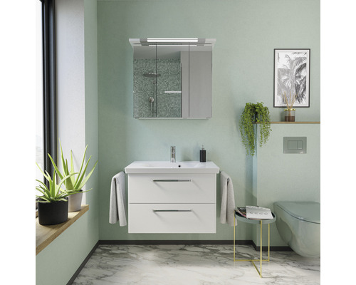 Badezimmer mit Waschbeckenunterschrank, Spiegelschrank und Toilette