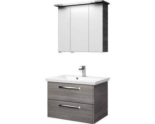 Waschbeckenunterschrank mit zwei Schubladen und Spiegelschrank mit drei Türen